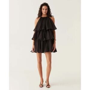 AJE. RUFFLED BLACK CLAUDIA TIERED MINI PARTY DRESS - SIZE 12